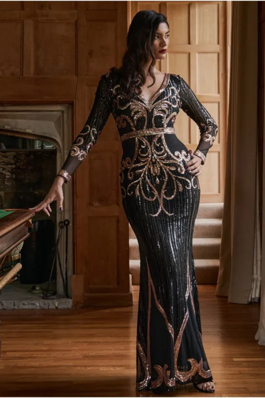 Goddiva Sequin & Mesh Embroidered Maxi - Black sold by Goddiva