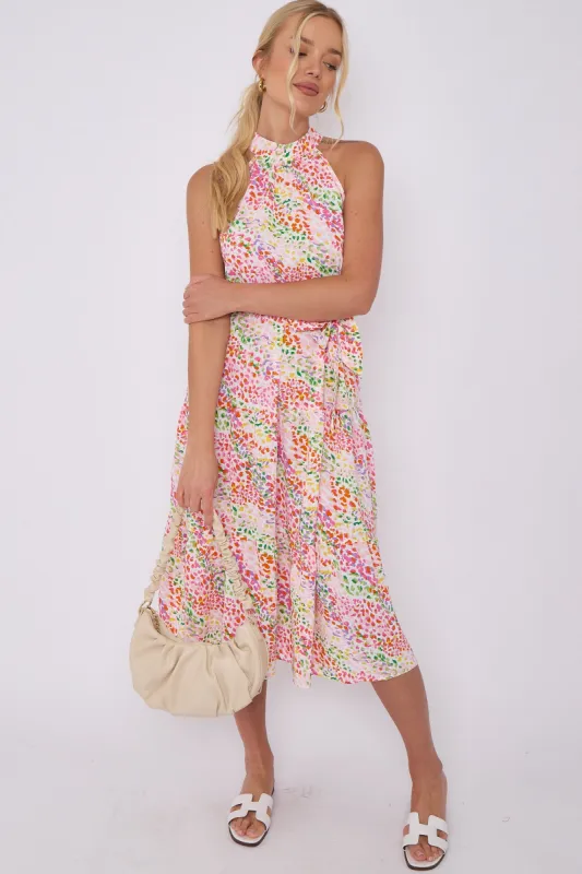 LOVE SUNSHINE Rainbow Leopard Print Halter Neck Midi Dress sold by Goddiva