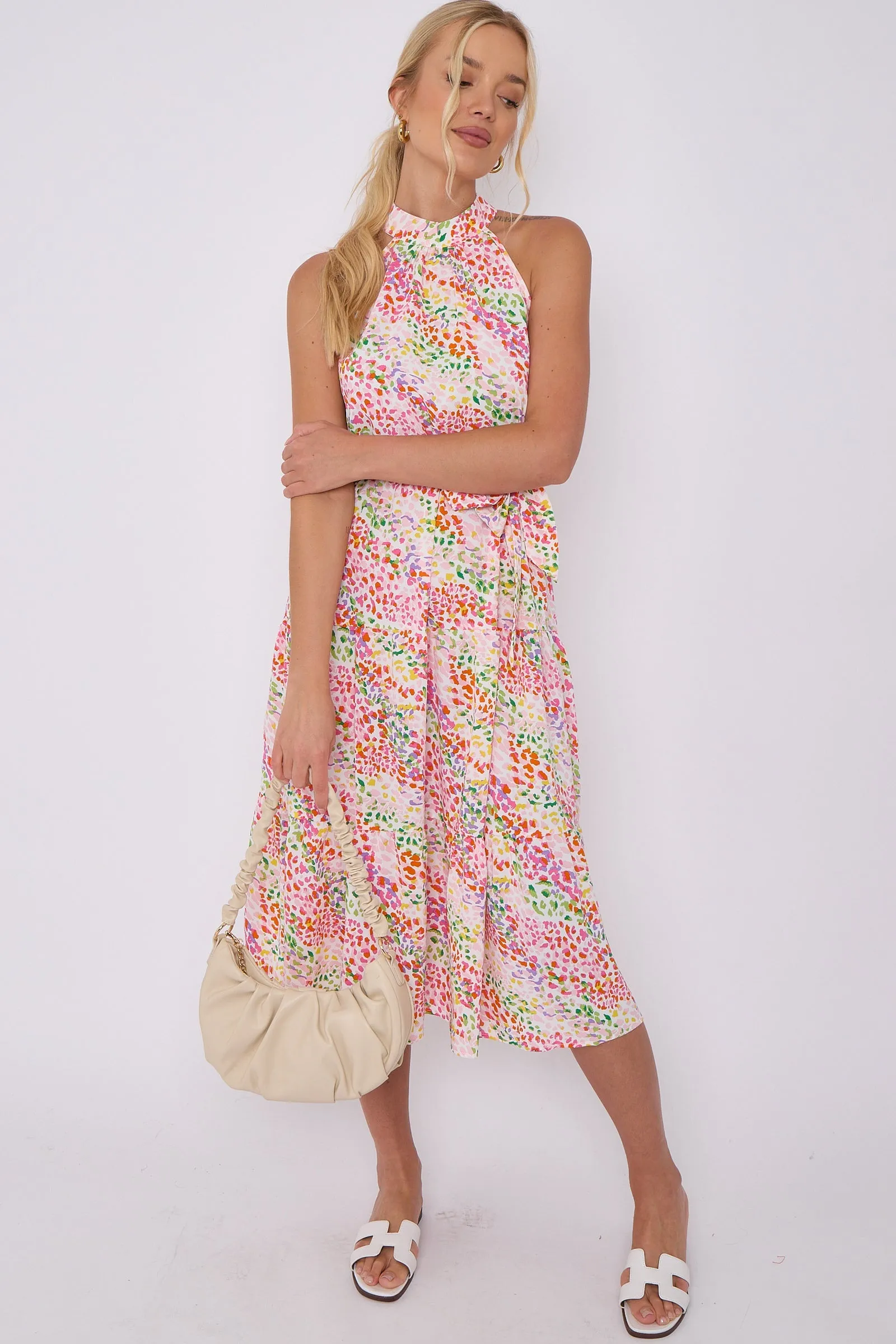 LOVE SUNSHINE Rainbow Leopard Print Halter Neck Midi Dress sold by Goddiva