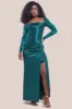 Slinky Satin One Shoulder Split Maxi Dress - Emerald Green by Goddiva sold by Goddiva
