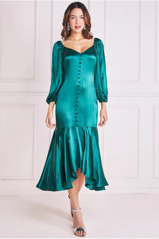 Satin Viscose Front Buttoned Dipped Hem Midaxi Dress - Emerald by Goddiva sold by Goddiva
