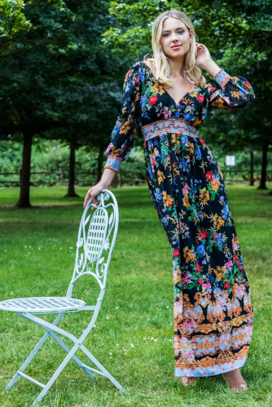 Goddiva Chiffon Wrap Border Floral Print Maxi Dress - Black sold by Goddiva