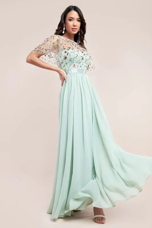 Embroidered Top Flutter Sleeve Maxi - Sage Green by Goddiva sold by Goddiva