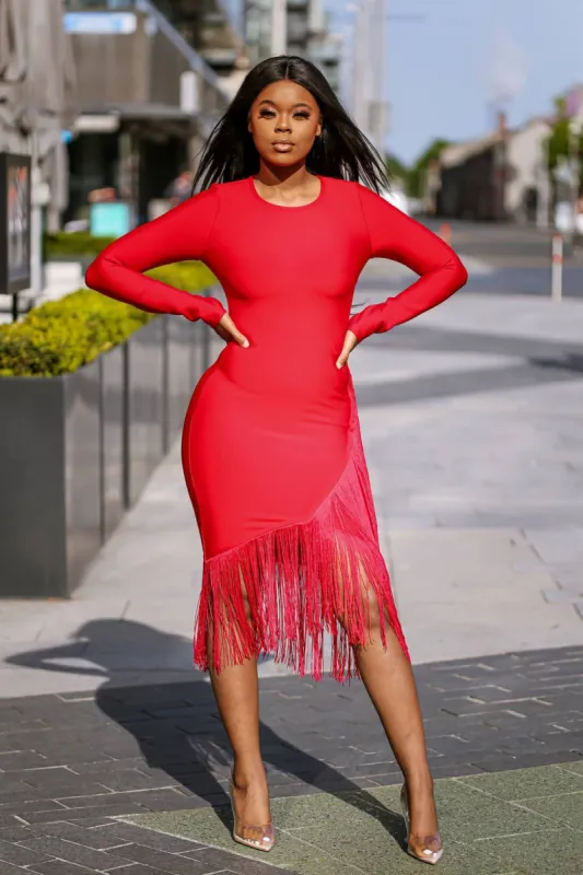 SETSOFRAN London Red Fringe Bandage Dress sold by Goddiva