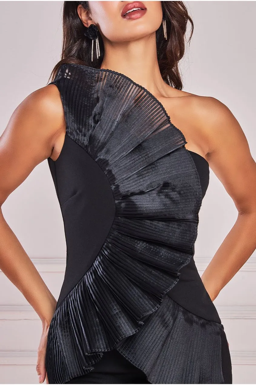 One Shoulder Pleated Fan Midi Dress - Black by Goddiva sold by Goddiva product image thumbnail 3