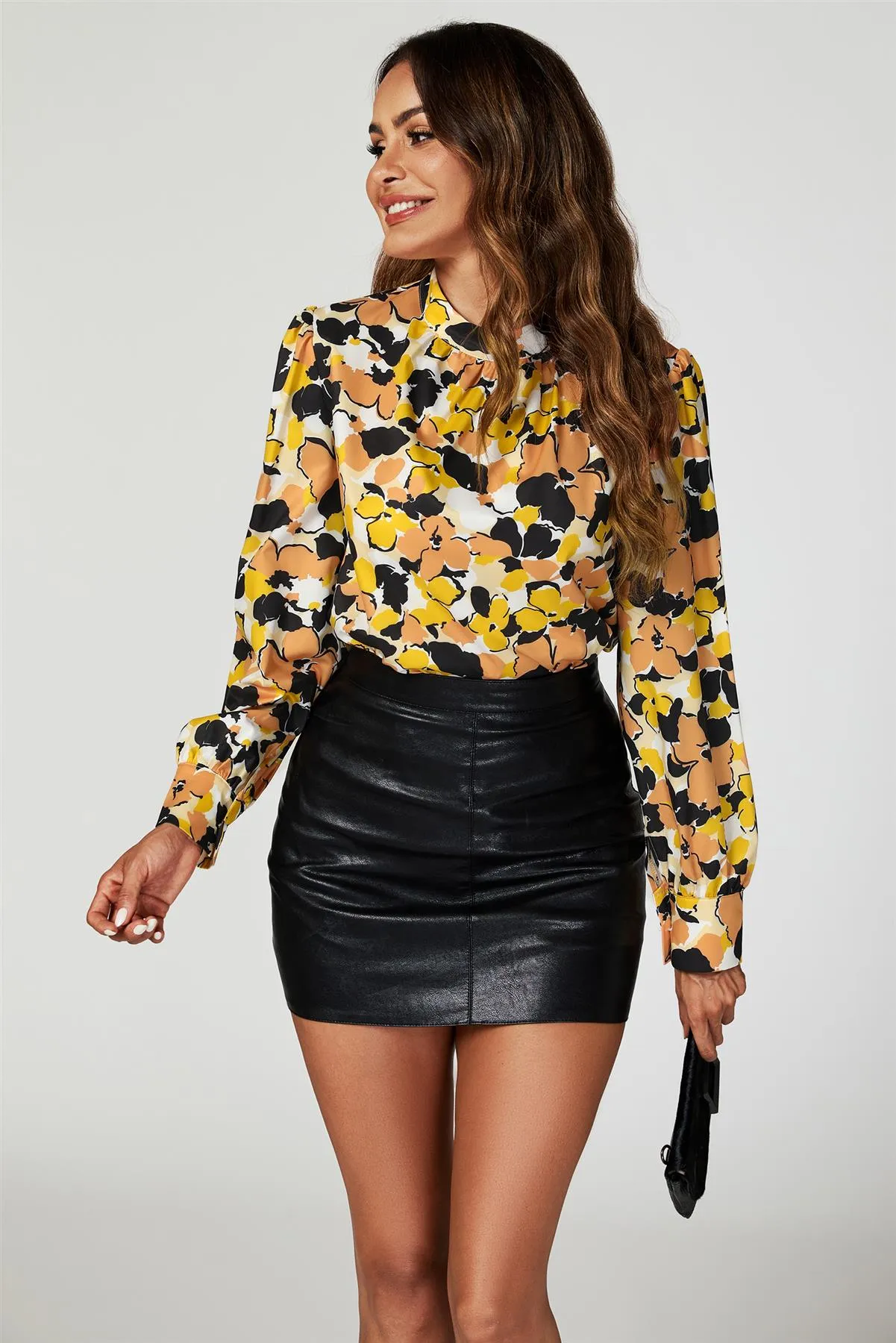 Floral Print Long Sleeve High Neck Top In Yellow by FS Collection sold by Goddiva product image thumbnail 3