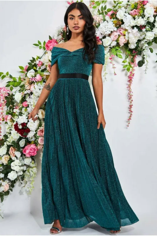 Bardot Pleated Skirt Maxi Dress - Emerald by Goddiva sold by Goddiva