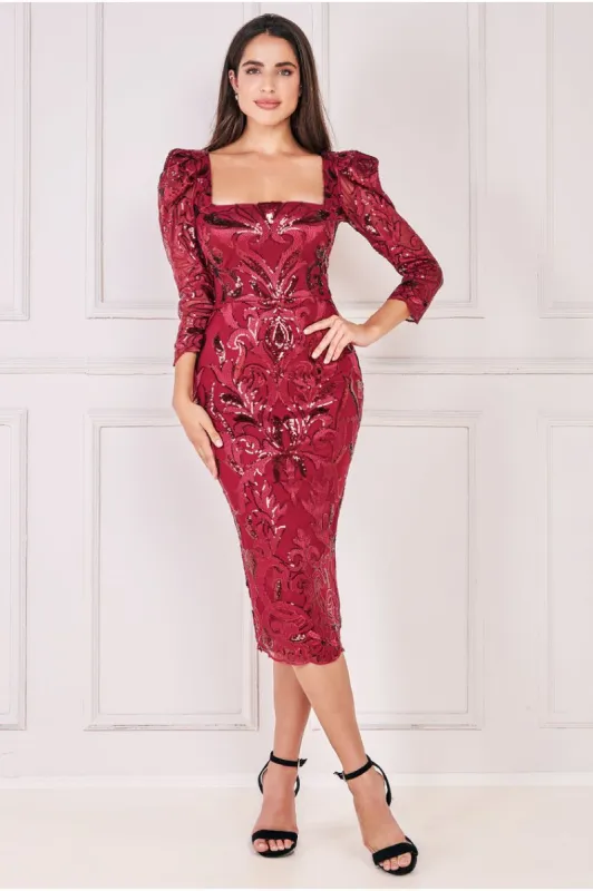 Square Neck Scalloped Embroidered Sequin Midi Dress - Wine by Goddiva sold by Goddiva