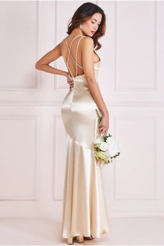 Satin Cowl Neck With Strappy Back Maxi - Champagne by Goddiva sold by Goddiva