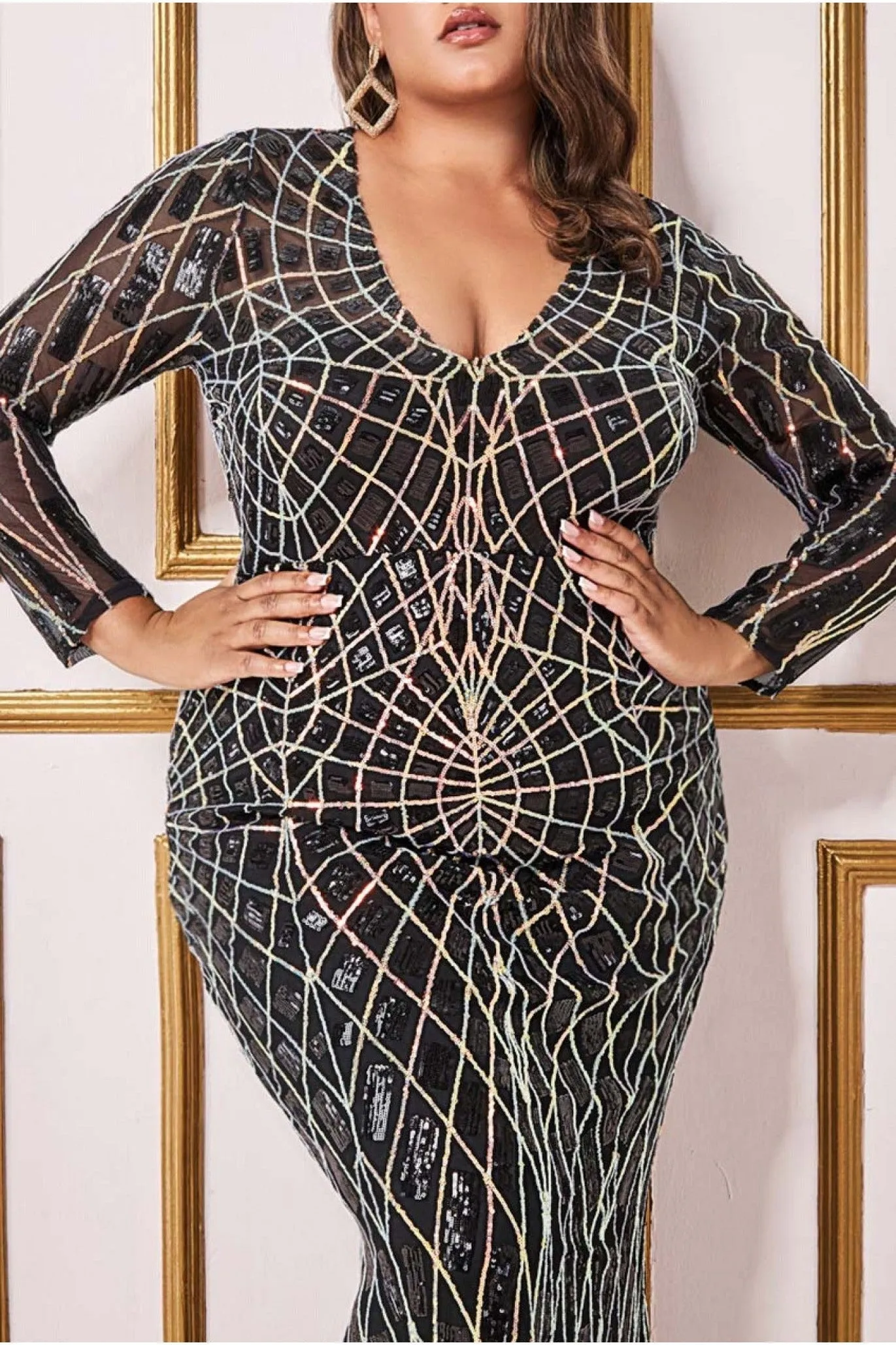 Geo Sequin Long Sleeve Maxi Dress - Black by Goddiva Plus sold by Goddiva product image thumbnail 3