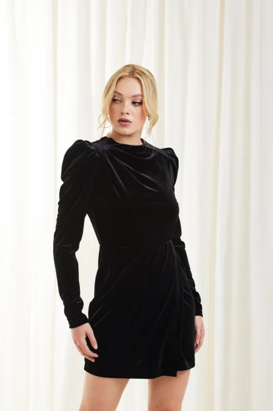Black Shoulder Pad Velvet Dress by Double Second sold by Goddiva