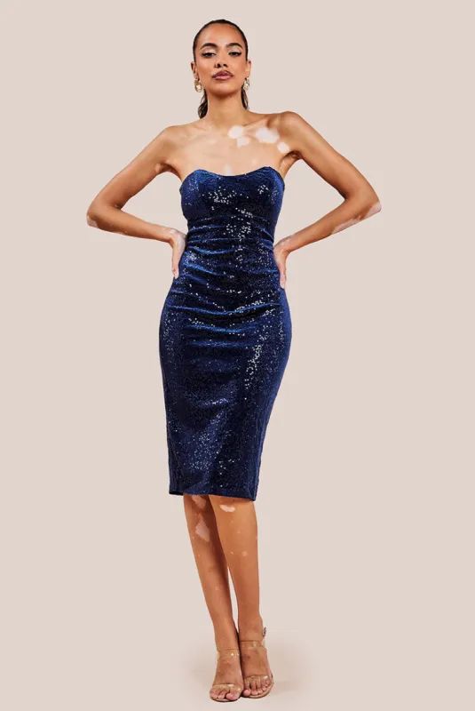 Bandeau Sequin & Velvet Midi Dress - Navy by Goddiva sold by Goddiva