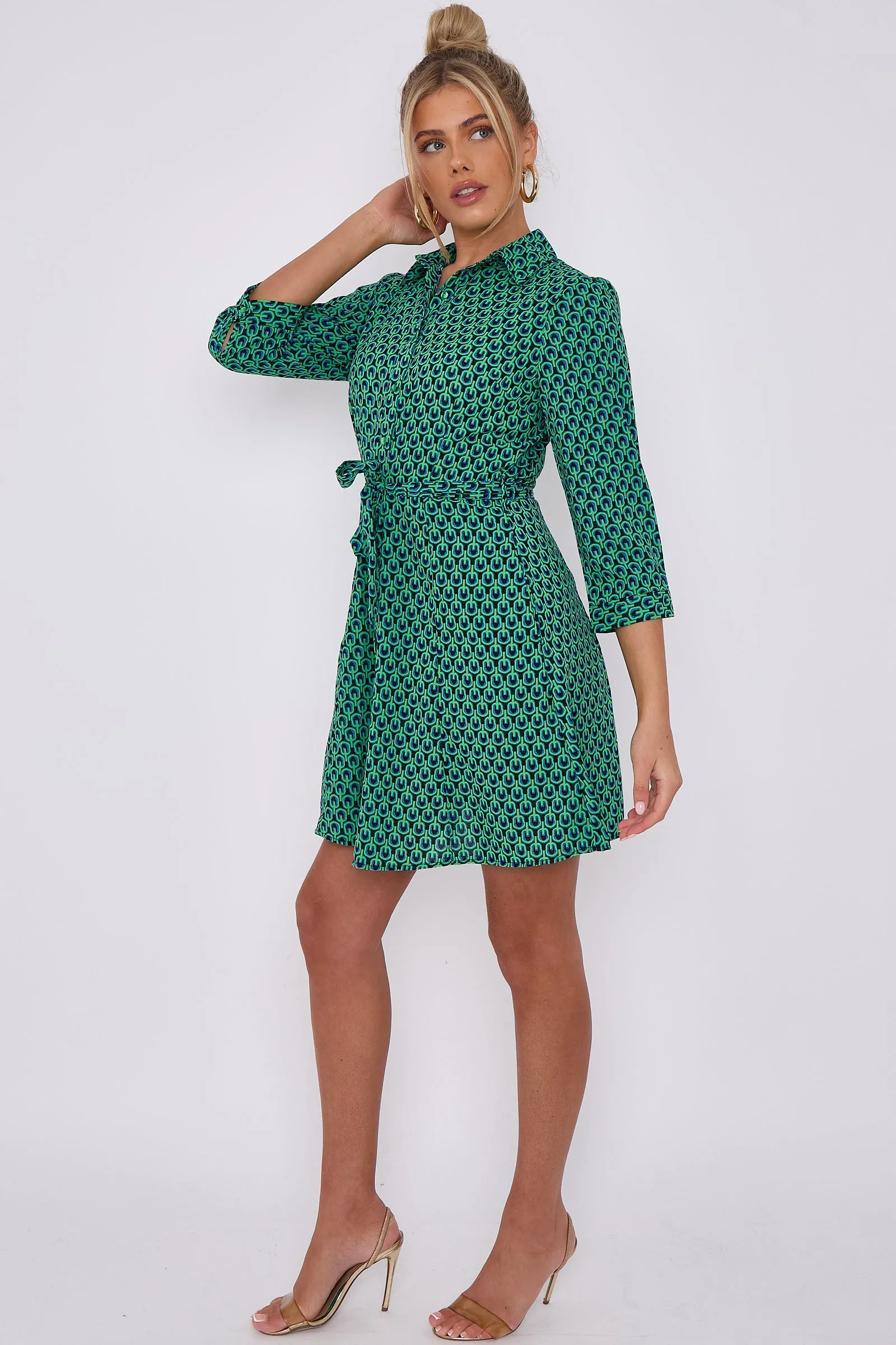 Green Geo Print Belted Mini Shirt Dress by LOVE SUNSHINE sold by Goddiva product image thumbnail 5