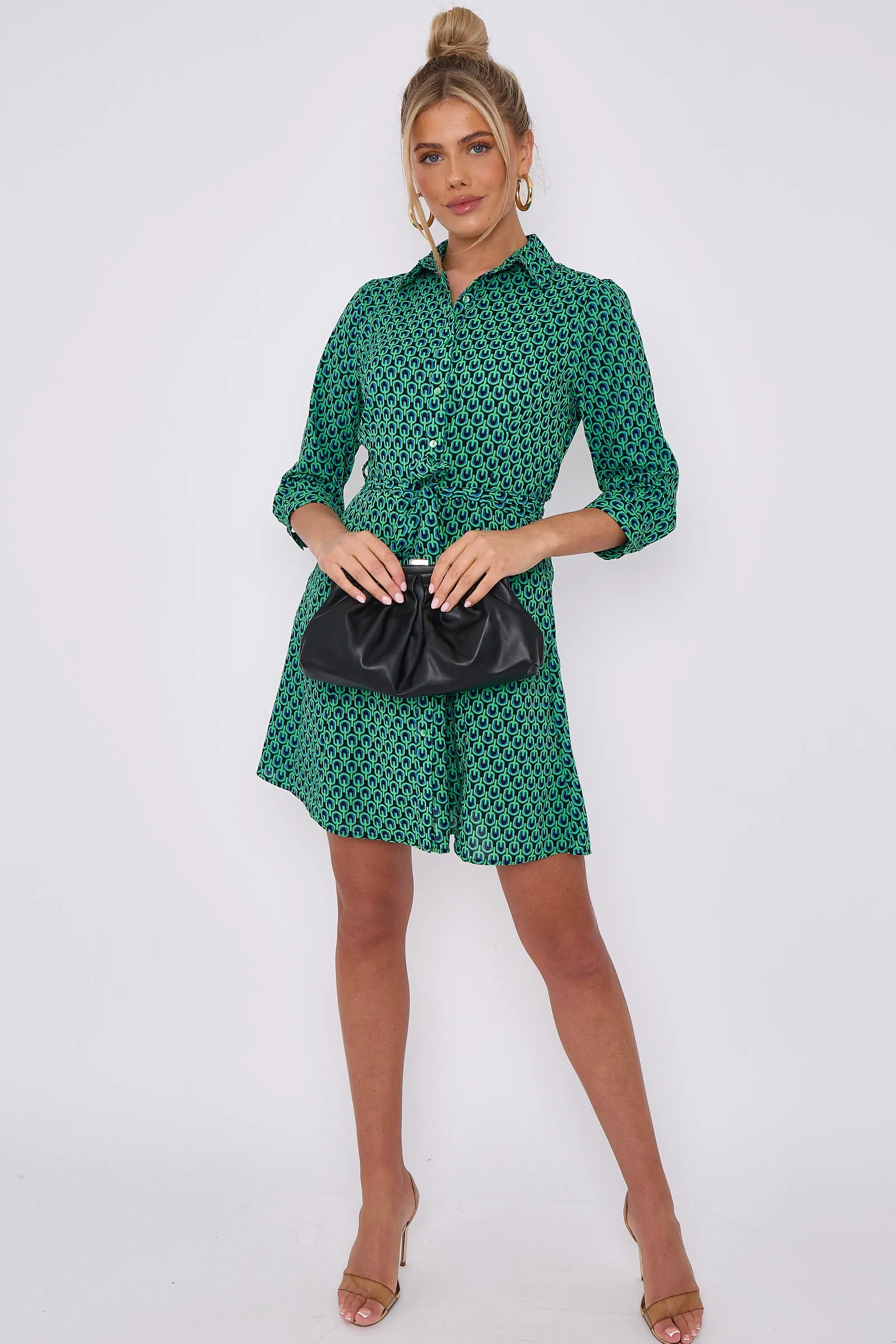 Green Geo Print Belted Mini Shirt Dress by LOVE SUNSHINE sold by Goddiva product image thumbnail 2
