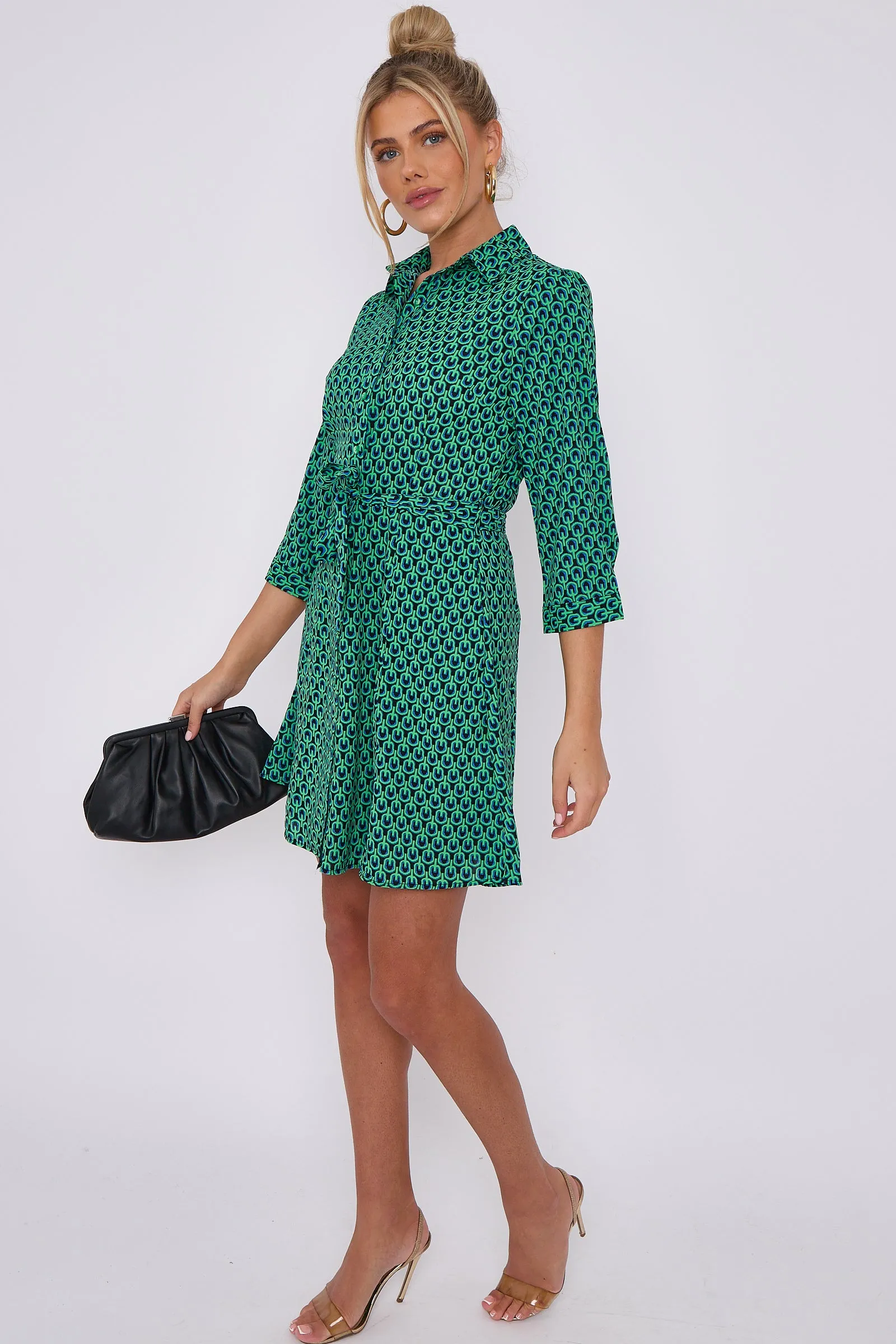 Green Geo Print Belted Mini Shirt Dress by LOVE SUNSHINE sold by Goddiva product image thumbnail 3