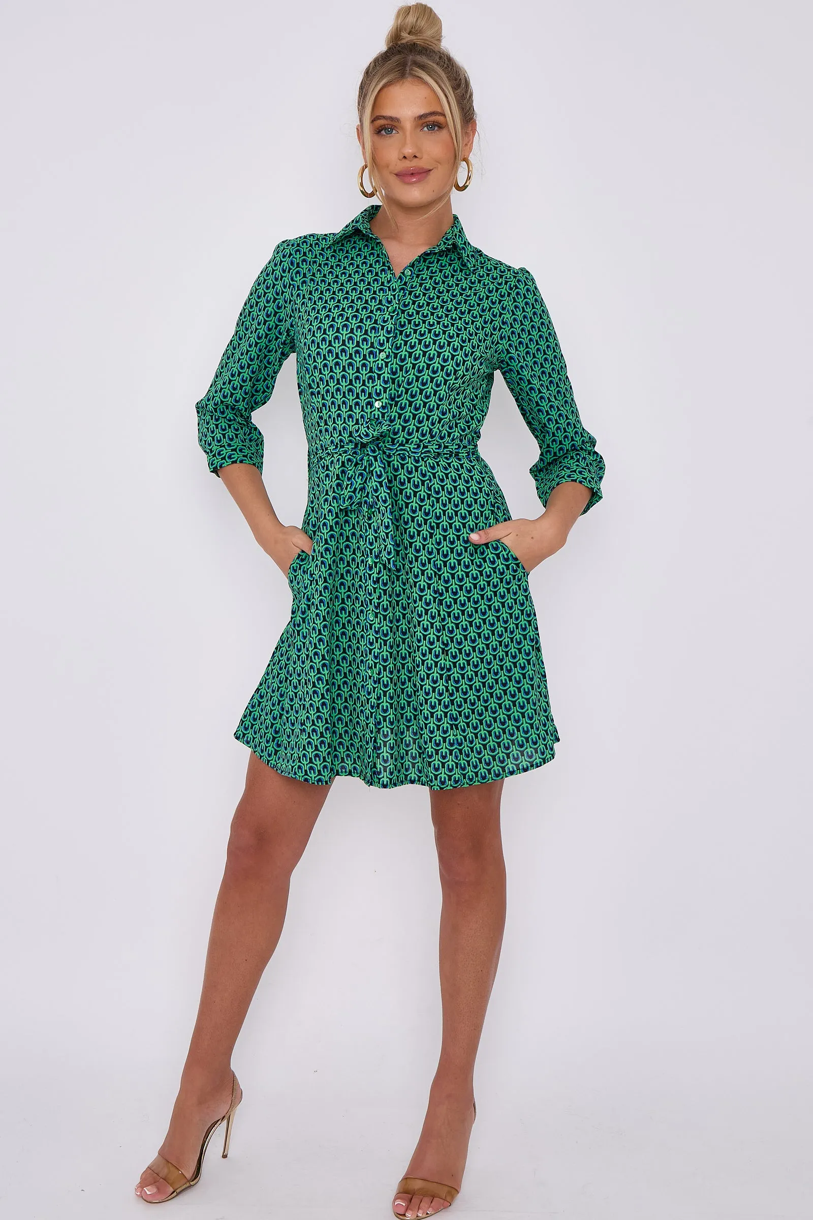 Green Geo Print Belted Mini Shirt Dress by LOVE SUNSHINE sold by Goddiva product image thumbnail 4