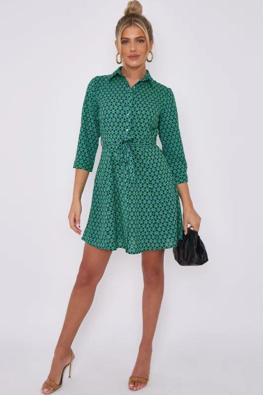 Green Geo Print Belted Mini Shirt Dress by LOVE SUNSHINE sold by Goddiva