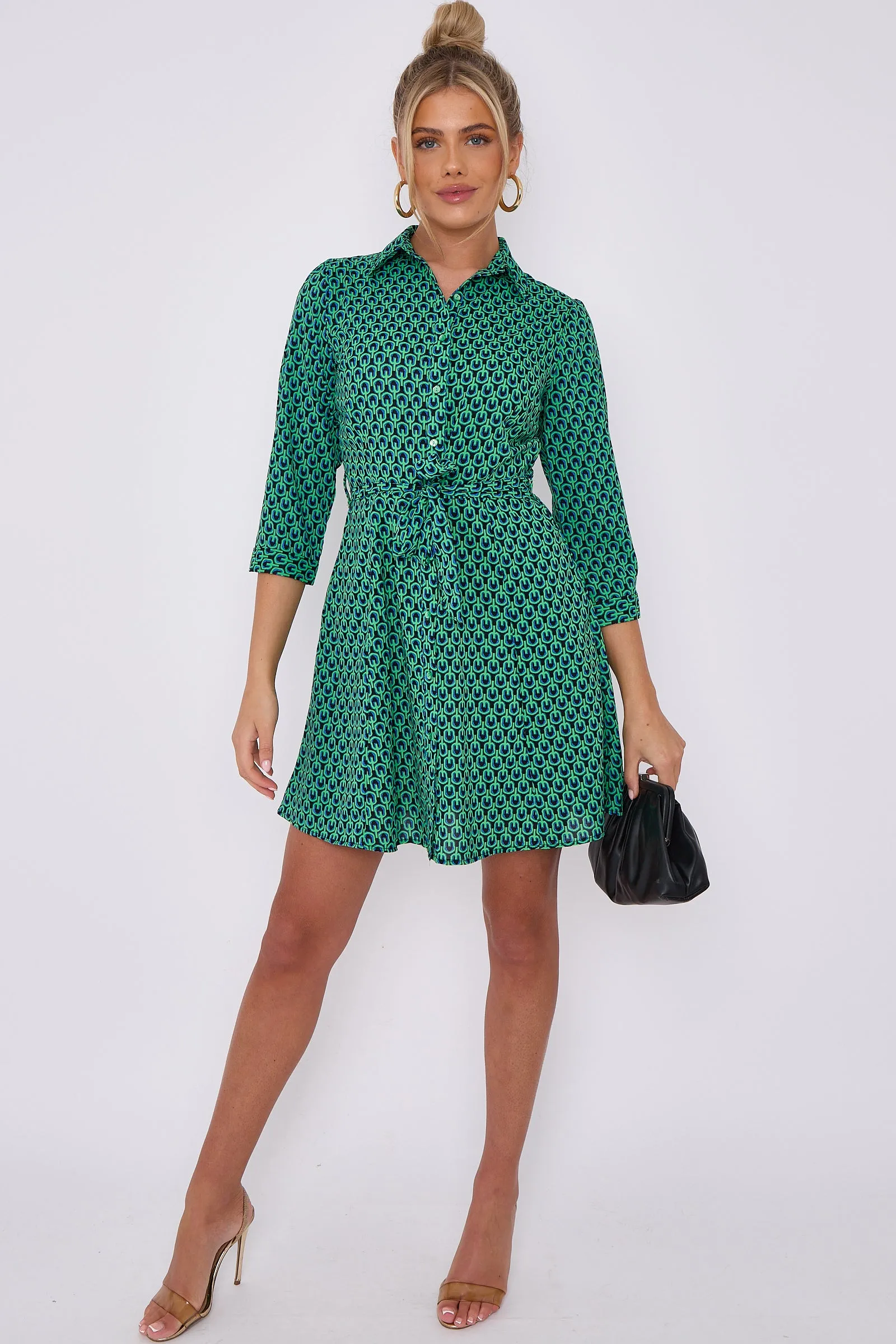 Green Geo Print Belted Mini Shirt Dress by LOVE SUNSHINE sold by Goddiva