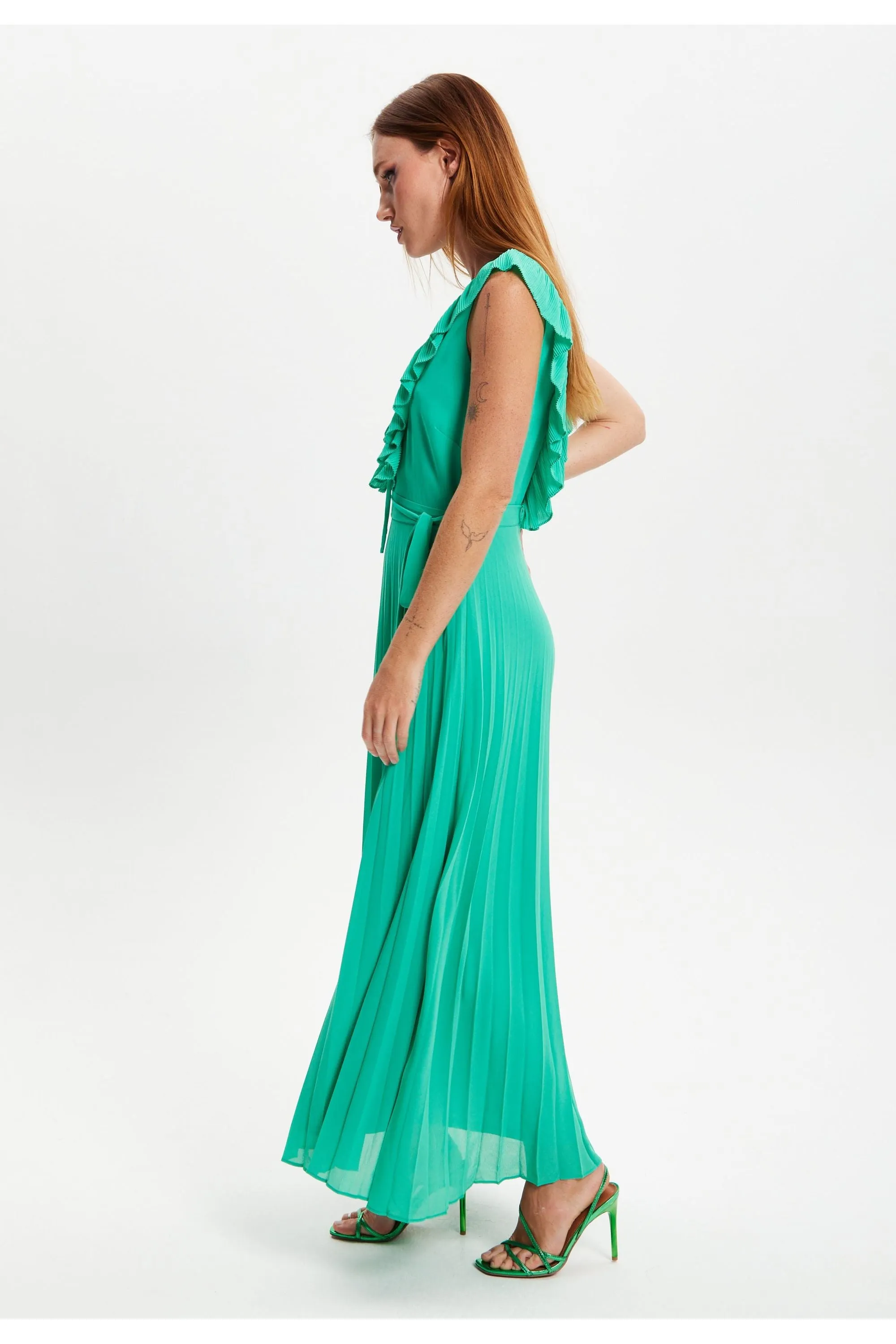 Frilled V Neck Sleeveless Pleated Maxi Dress by Liquorish sold by Goddiva product image thumbnail 4