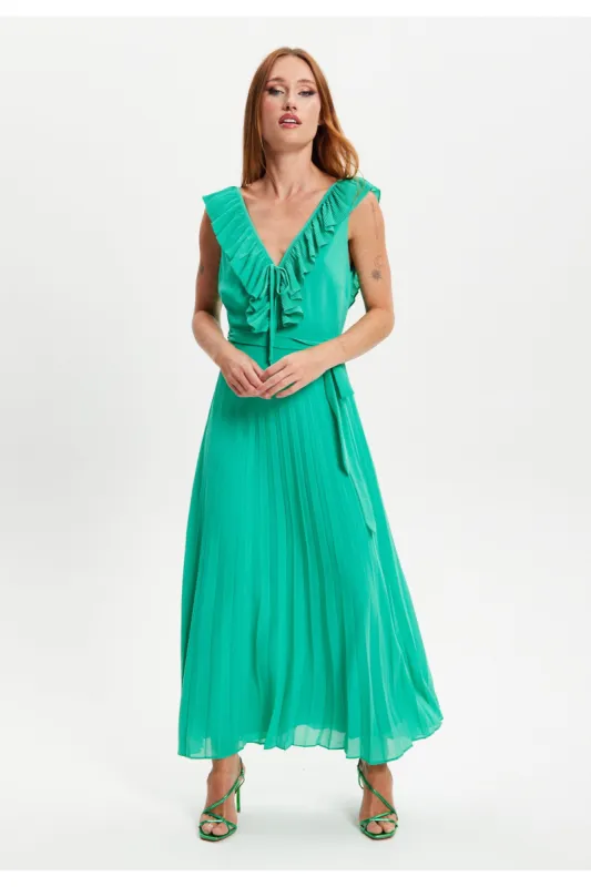 Frilled V Neck Sleeveless Pleated Maxi Dress by Liquorish sold by Goddiva