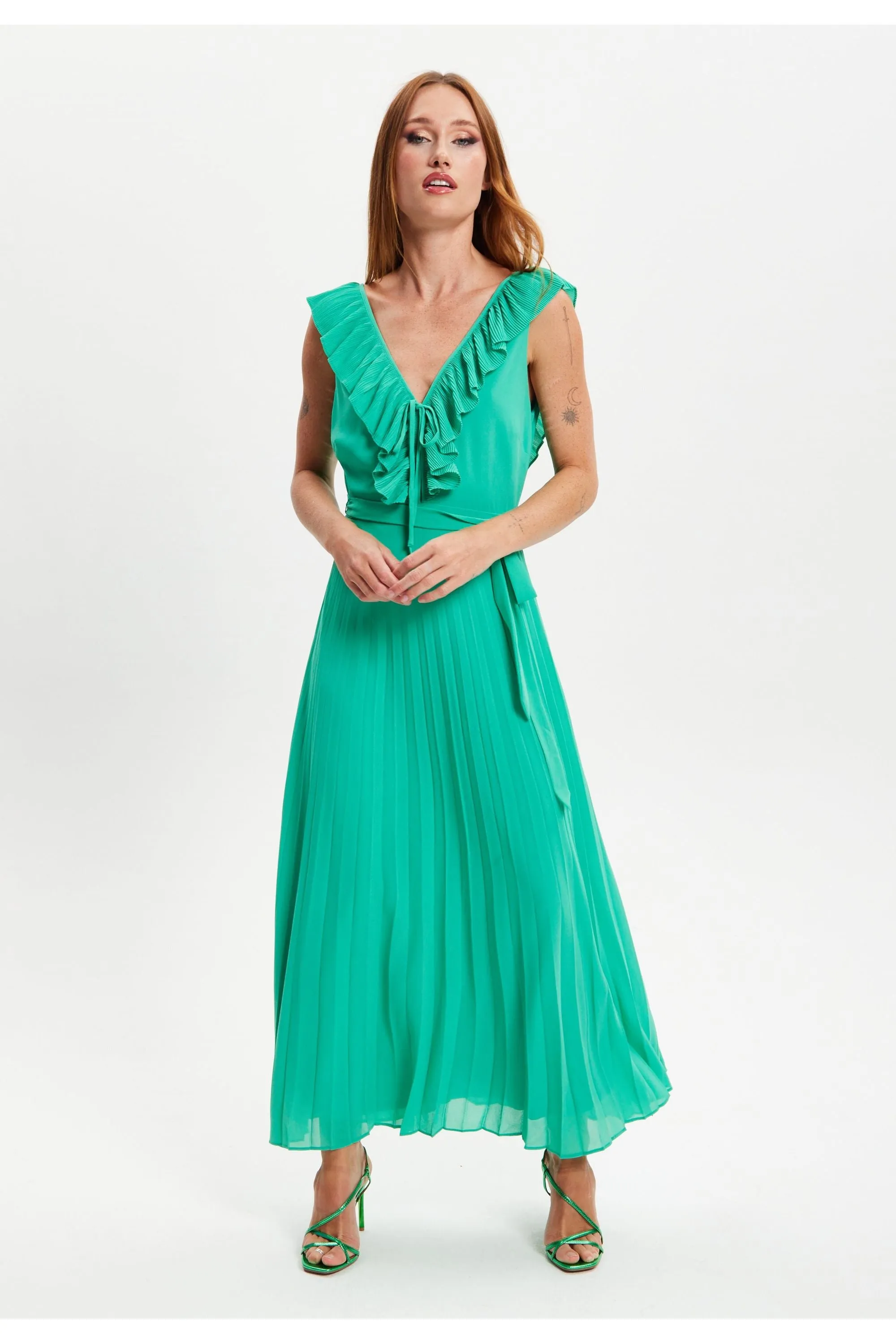 Frilled V Neck Sleeveless Pleated Maxi Dress by Liquorish sold by Goddiva