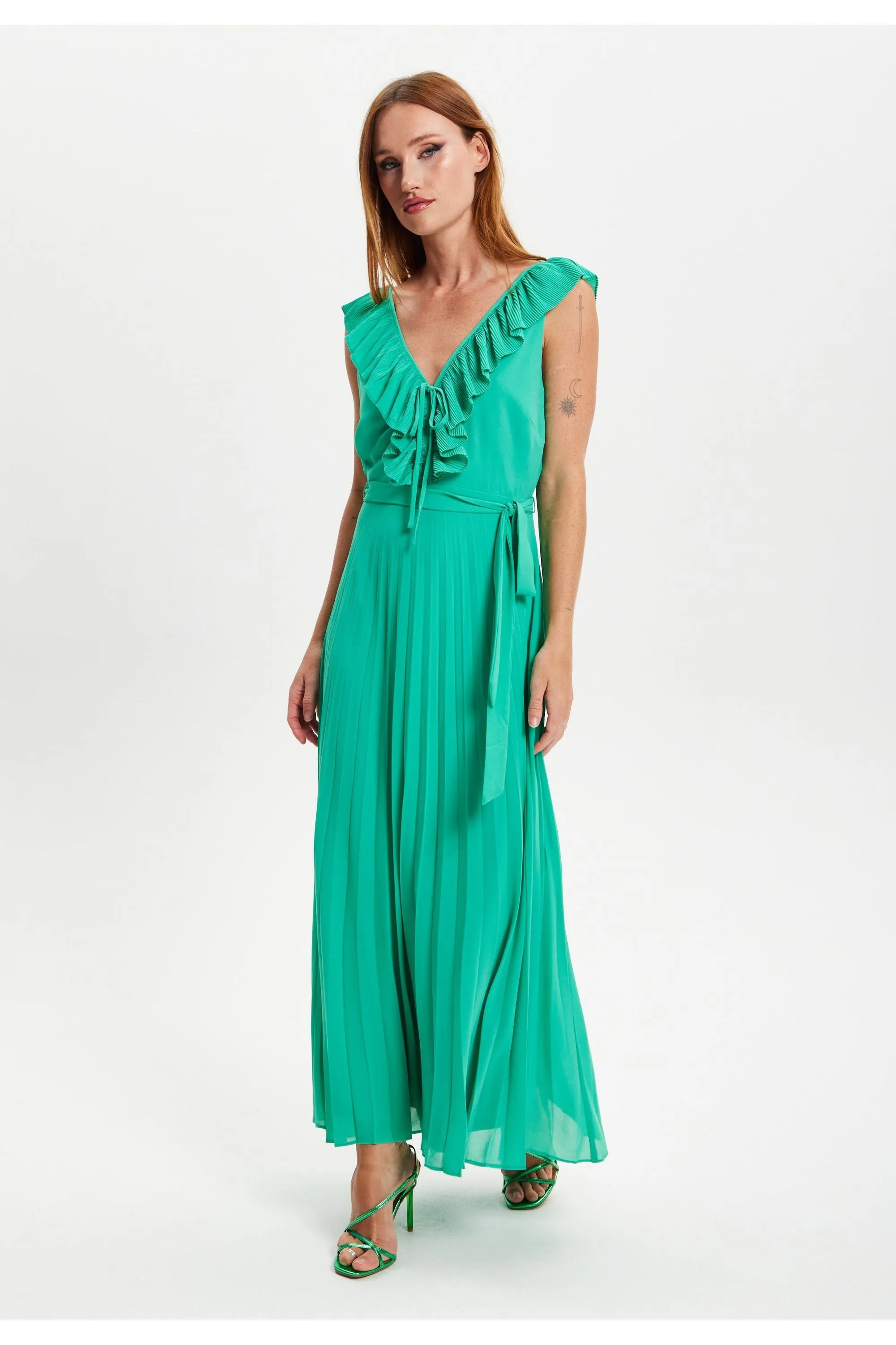 Frilled V Neck Sleeveless Pleated Maxi Dress by Liquorish sold by Goddiva product image thumbnail 2