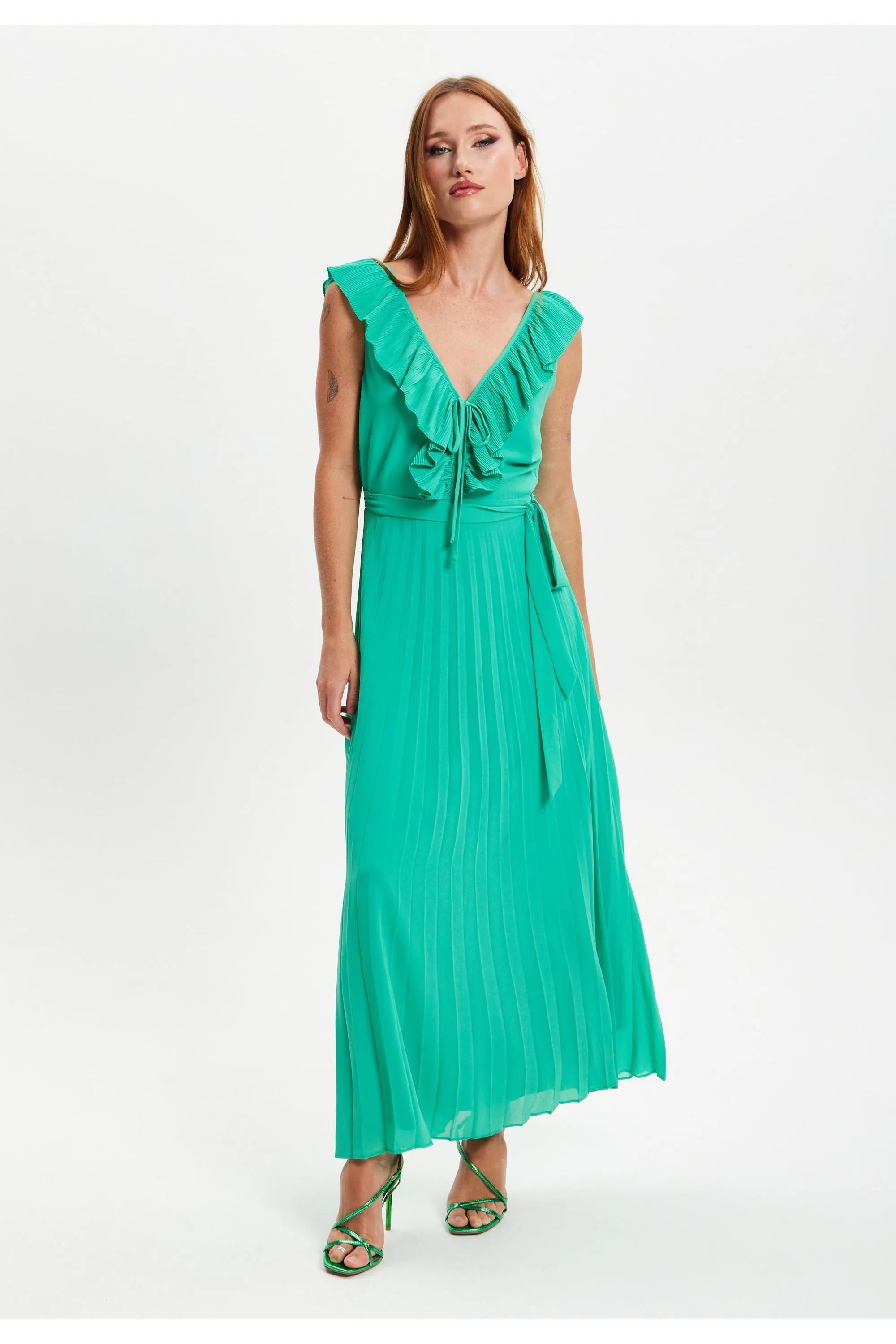 Frilled V Neck Sleeveless Pleated Maxi Dress by Liquorish sold by Goddiva product image thumbnail 3