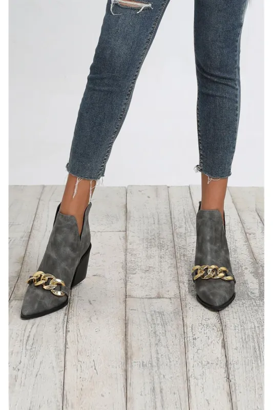 FS Collection Block Heel Pointed Toe Chain Detail Ankle Boots In Grey sold by Goddiva