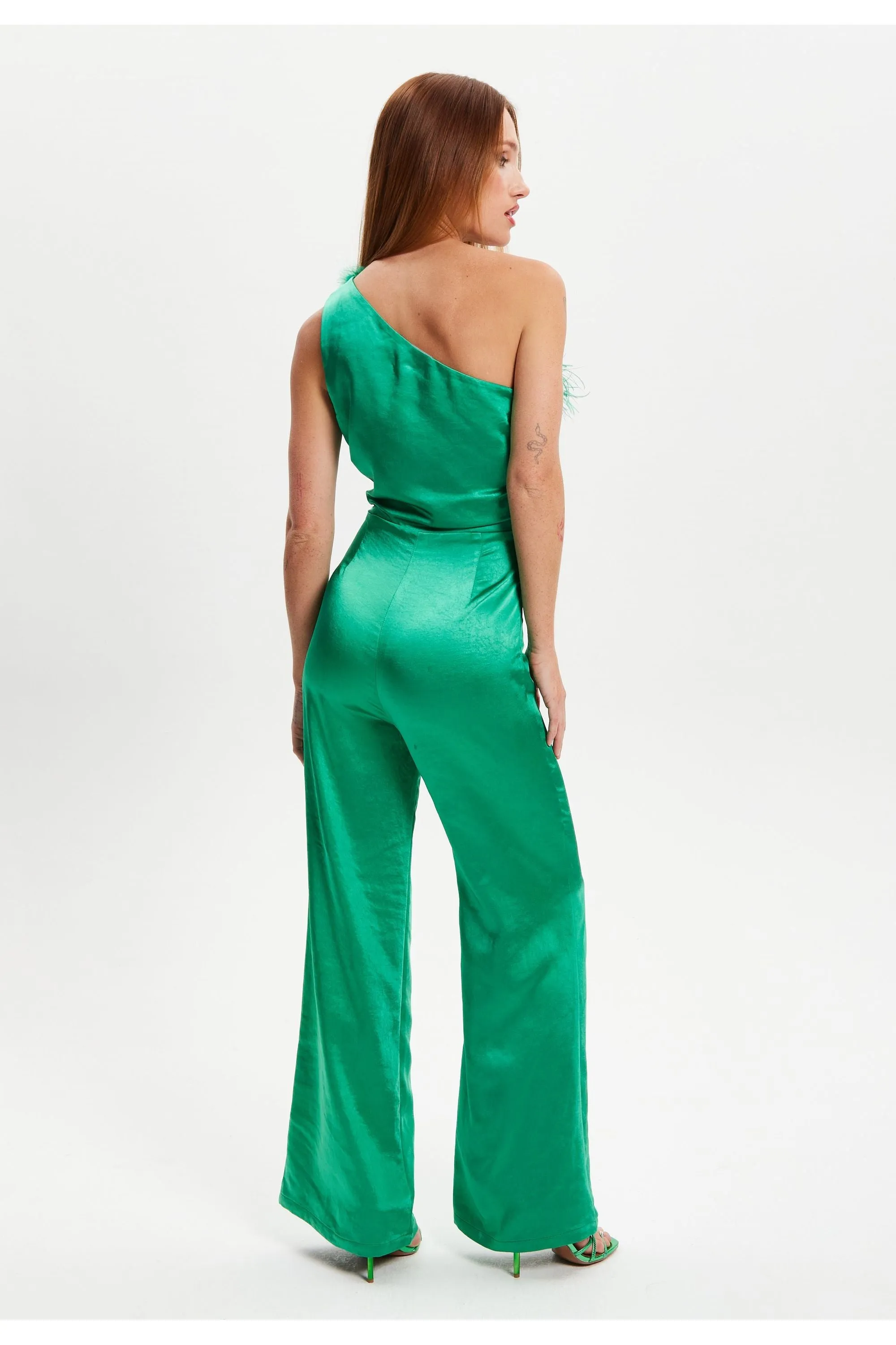 One Shoulder Ostrich Feather Detail Jumpsuit by Liquorish sold by Goddiva product image thumbnail 5