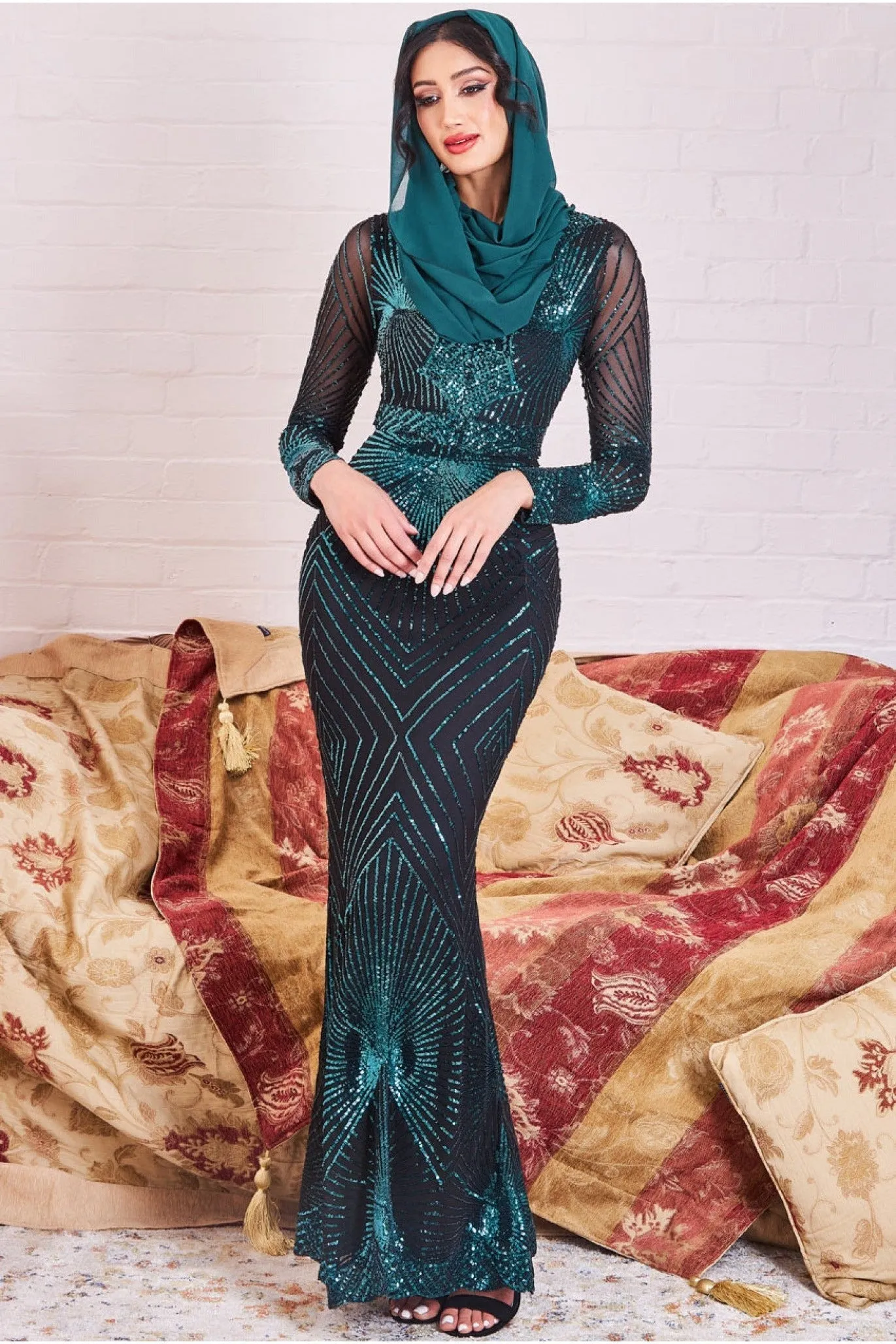 Modesty Starburst Sequin Maxi Dress - Emerald by Goddiva sold by Goddiva