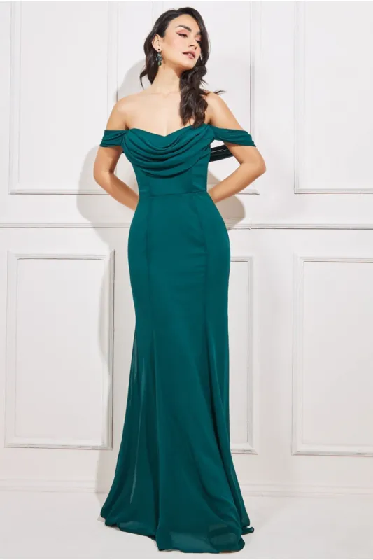 Chiffon Bardot Cowl Neck Maxi Dress - Emerald Green by Goddiva sold by Goddiva