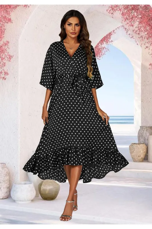 FS Collection Polka Dot Print Wrap Top Kimono Sleeve Maxi Dress In Black sold by Goddiva