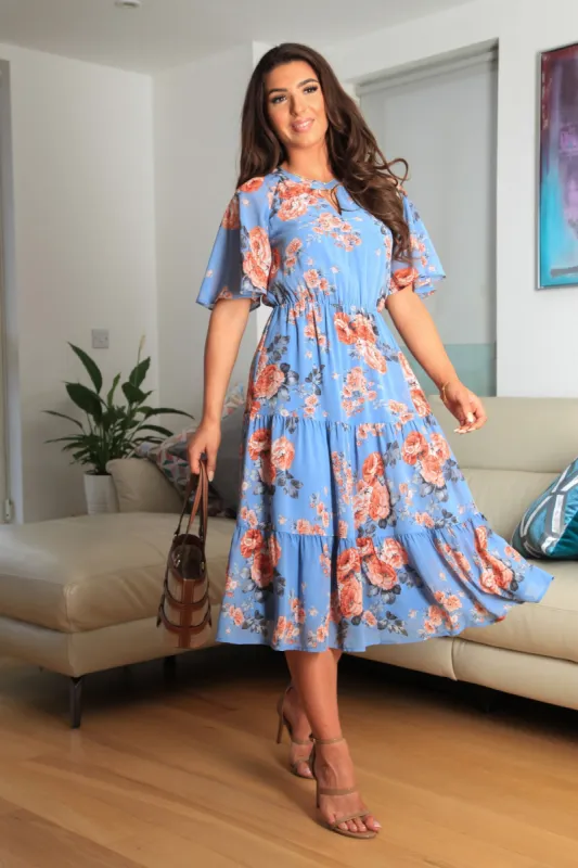 Double Second Floral Floaty Raglan Sleeve Tiered Dress sold by Goddiva