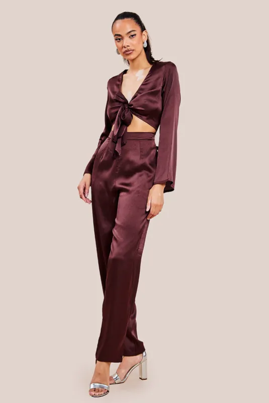 Cut Out Satin Jumpsuit - Brown by Goddiva sold by Goddiva