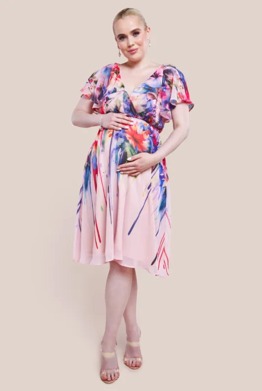 Maternity Flutter Sleeve Floral Bodice Midi Dress - Blush by Goddiva sold by Goddiva