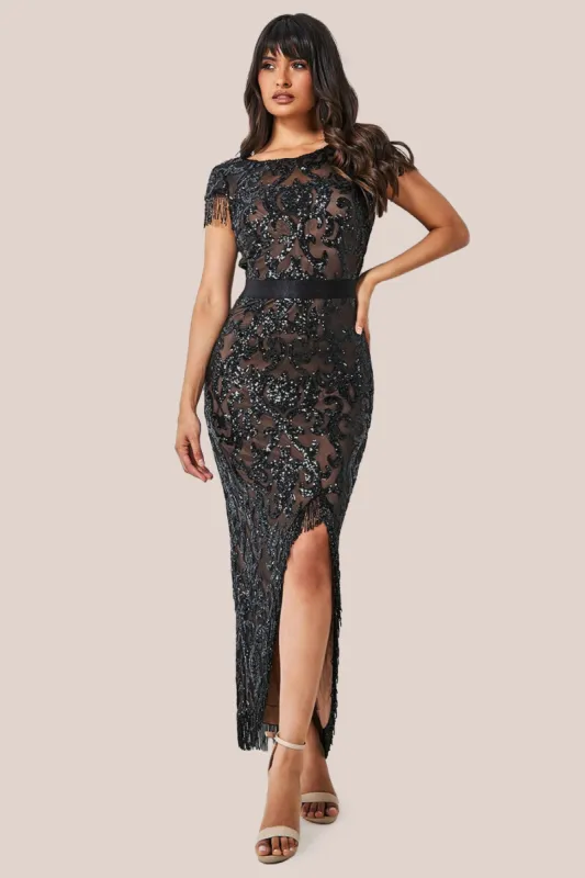 Tassel Split Maxi Dress - Black by Goddiva sold by Goddiva