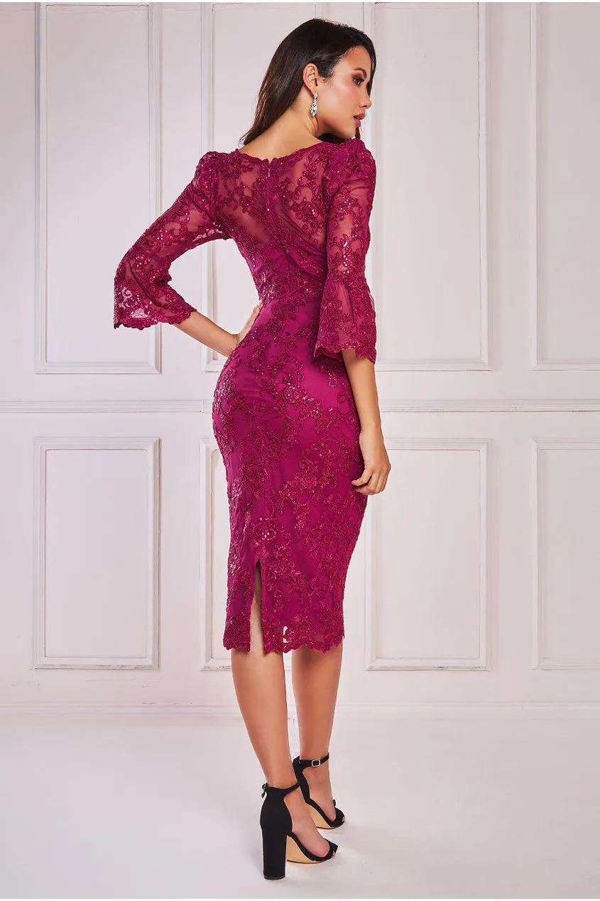 Sequin Scallop Lace Midi Dress - Burgundy by Goddiva sold by Goddiva product image thumbnail 2