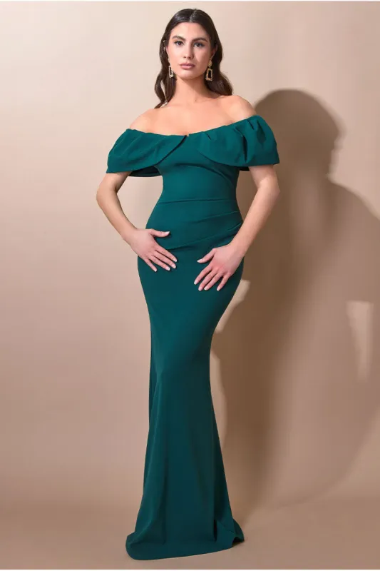 Scuba Crepe Pleated Bardot Maxi - Emerald Green by Goddiva sold by Goddiva