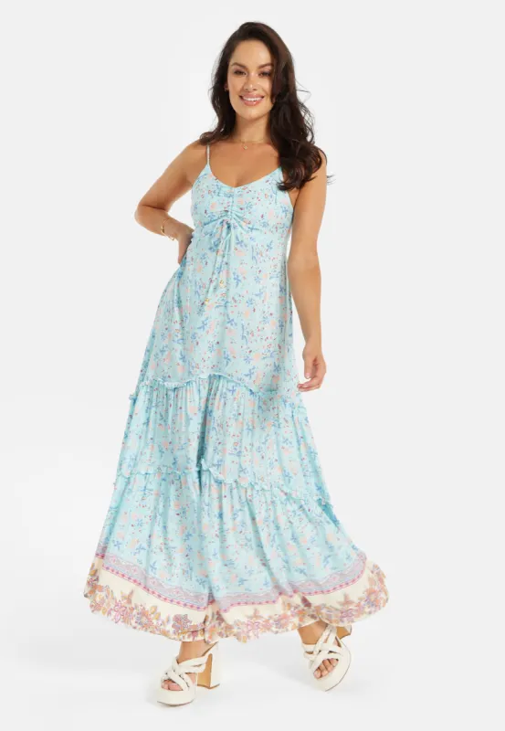 Light Blue Floral Cami Maxi Dress With Contrast Hem by Liquorish made by Goddiva