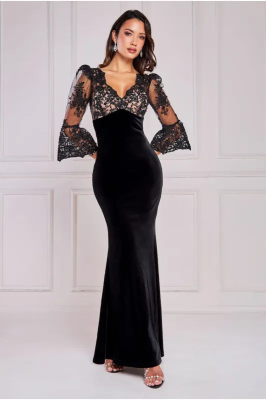 Goddiva Scalloped Lace & Velvet Maxi Dress - Black sold by Goddiva