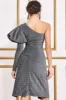 One Sleeve Frill Lurex Midi Dress - Silver by Goddiva sold by Goddiva