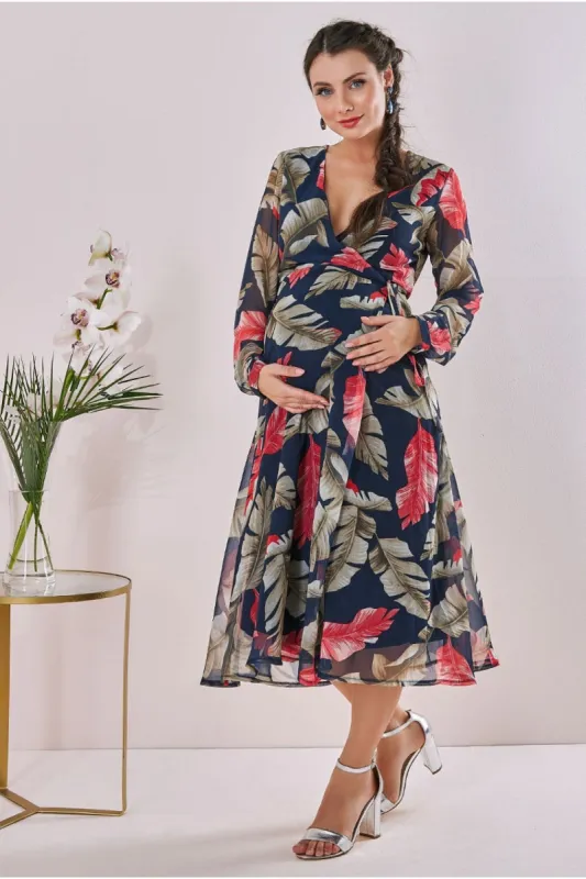 Maternity Printed Wrap Midi Navy by Goddiva sold by Goddiva