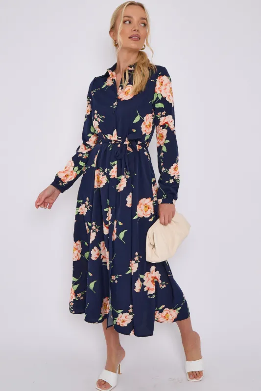 LOVE SUNSHINE Navy Floral Print Midaxi Shirt Dress sold by Goddiva