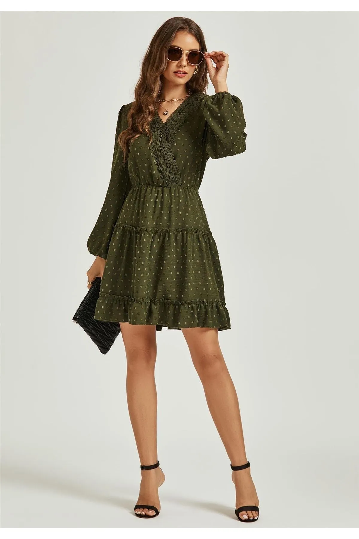 FS Collection Long Sleeve Lace Detail Wrap Style Tulle Frill Mini Dress In Olive Green sold by Goddiva product image thumbnail 3
