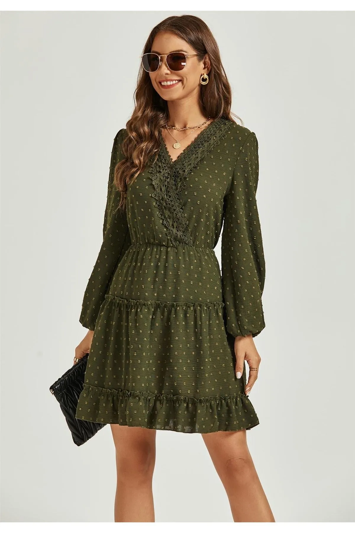 FS Collection Long Sleeve Lace Detail Wrap Style Tulle Frill Mini Dress In Olive Green sold by Goddiva product image thumbnail 4