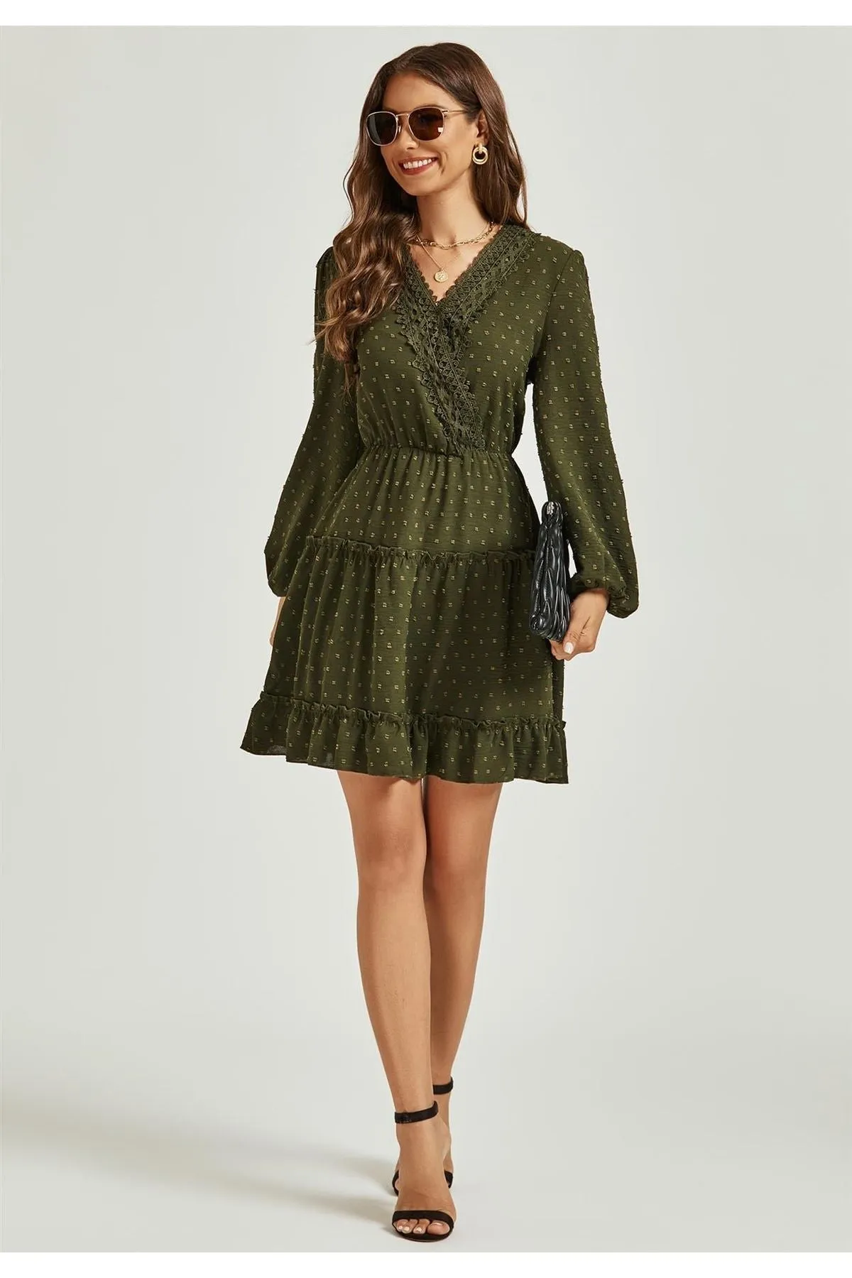 FS Collection Long Sleeve Lace Detail Wrap Style Tulle Frill Mini Dress In Olive Green sold by Goddiva