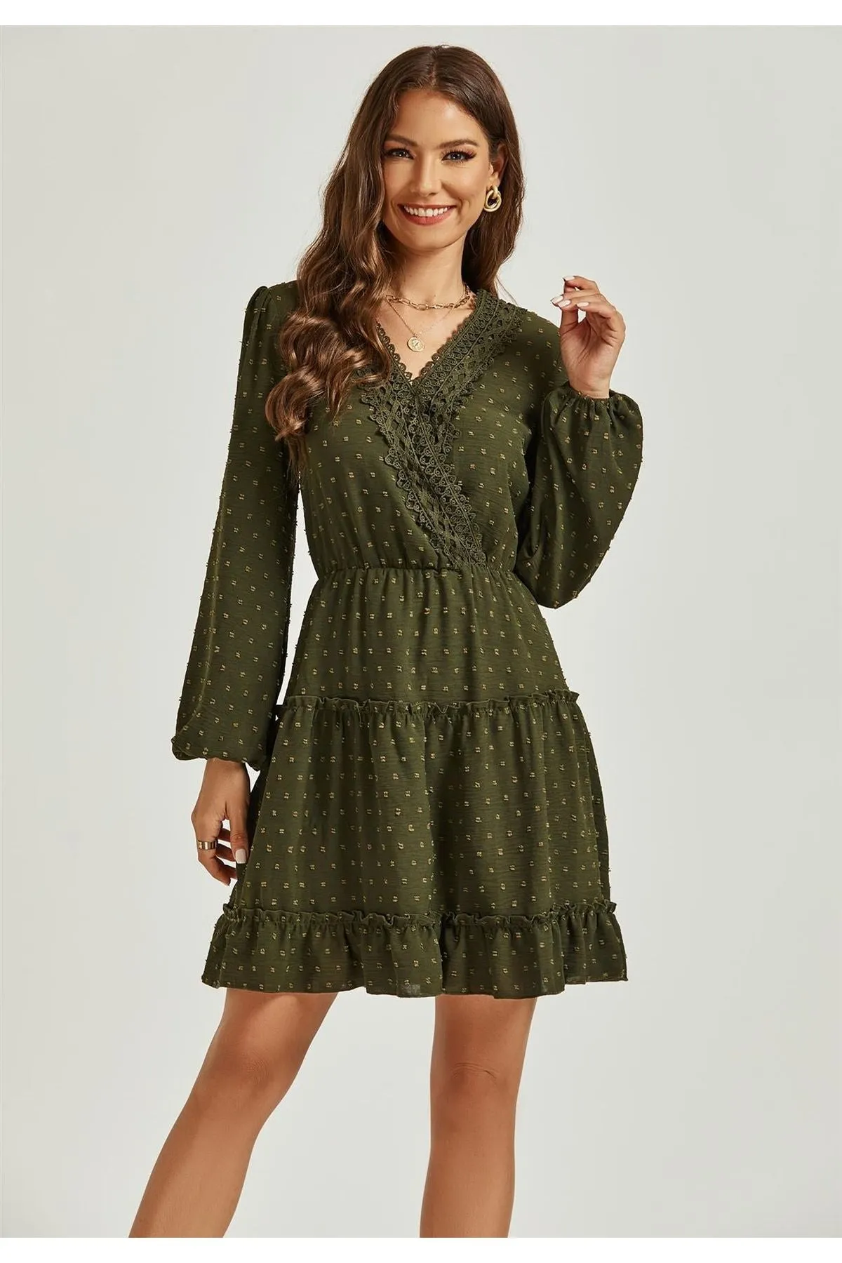 FS Collection Long Sleeve Lace Detail Wrap Style Tulle Frill Mini Dress In Olive Green sold by Goddiva product image thumbnail 2