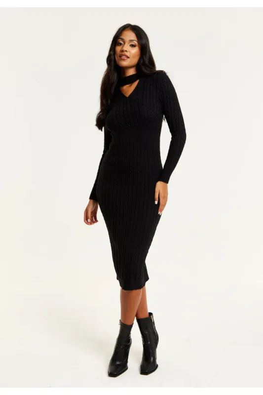 Cut Out Front Cable Knit Midi Dress In Black by Liquorish sold by Goddiva