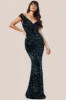Multi Sequin & Velvet Bardot Maxi - Emerald Green by Goddiva sold by Goddiva