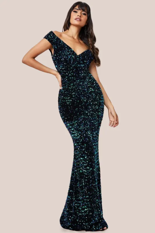 Multi Sequin & Velvet Bardot Maxi - Emerald Green by Goddiva sold by Goddiva